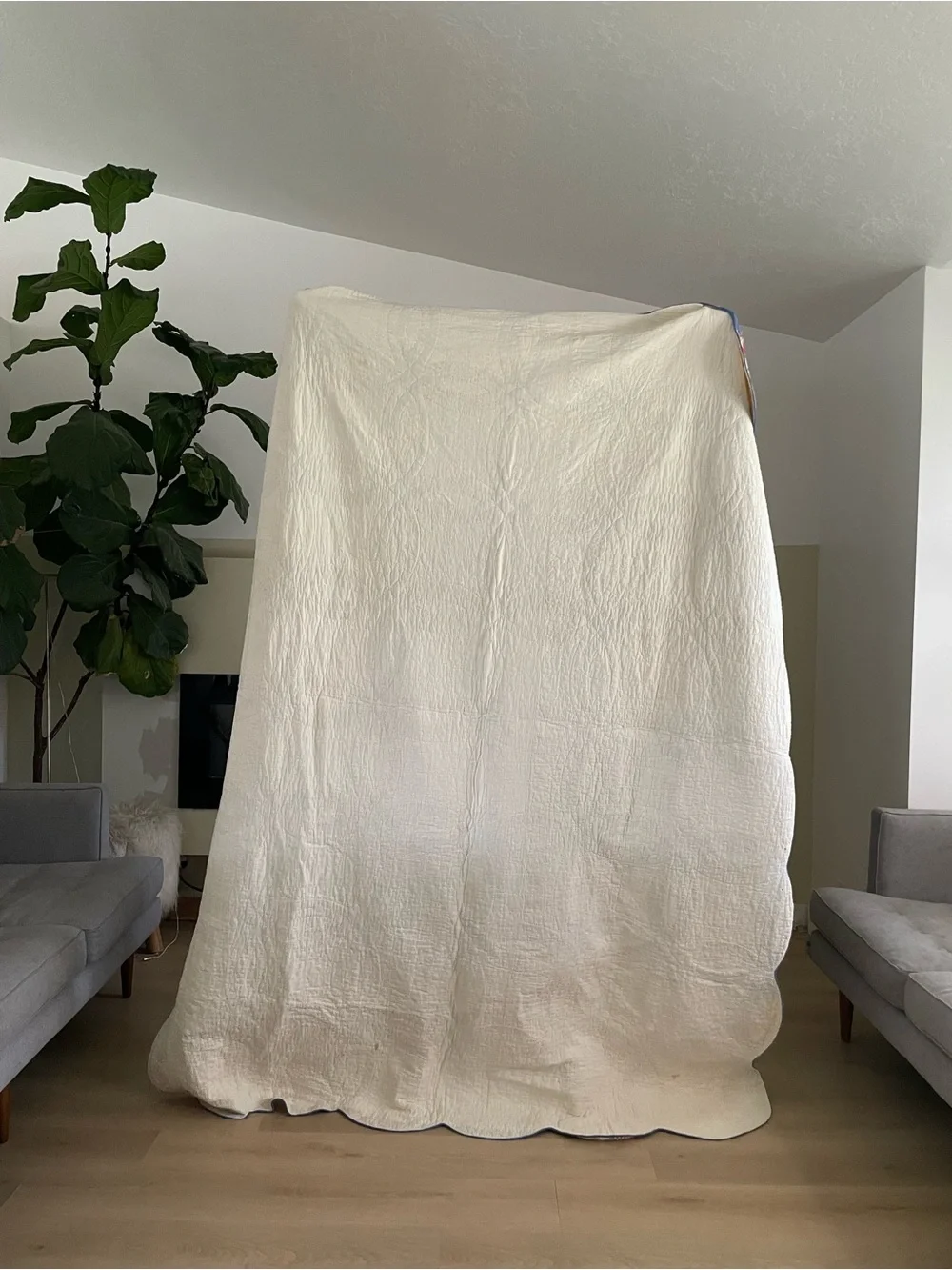 Vintage Double Wedding Ring Quilt Feed Sack Scalloped Patchwork 92x74